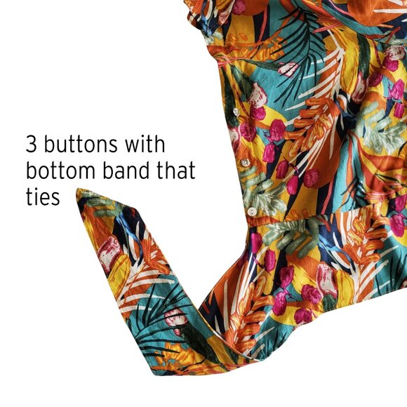 Panama Jack Tropical Print Linen Blend Long Sleeve Tie Front Button Down Shirt M - Picture 4 of 14